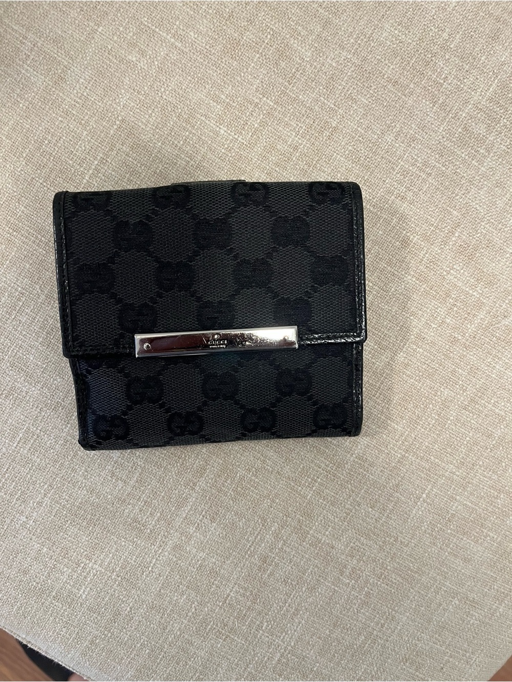 Gucci Black GG Canvas Compact Fold Card Holder with Metal Bar